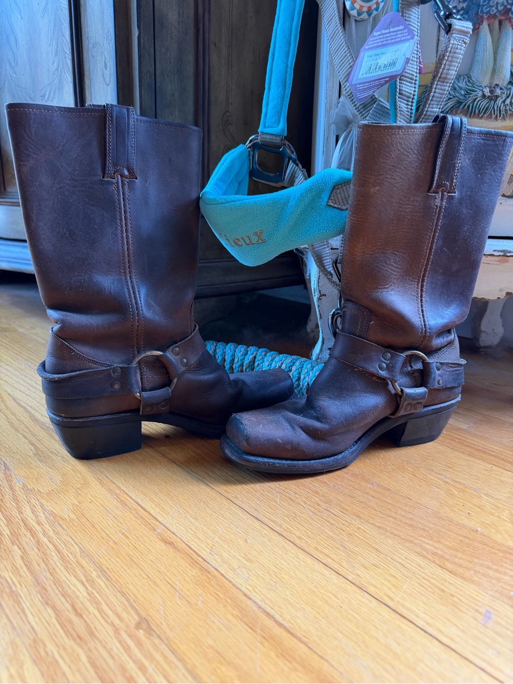 Frye Dark Brown Leather Harness Boot Interior with Branded Label.